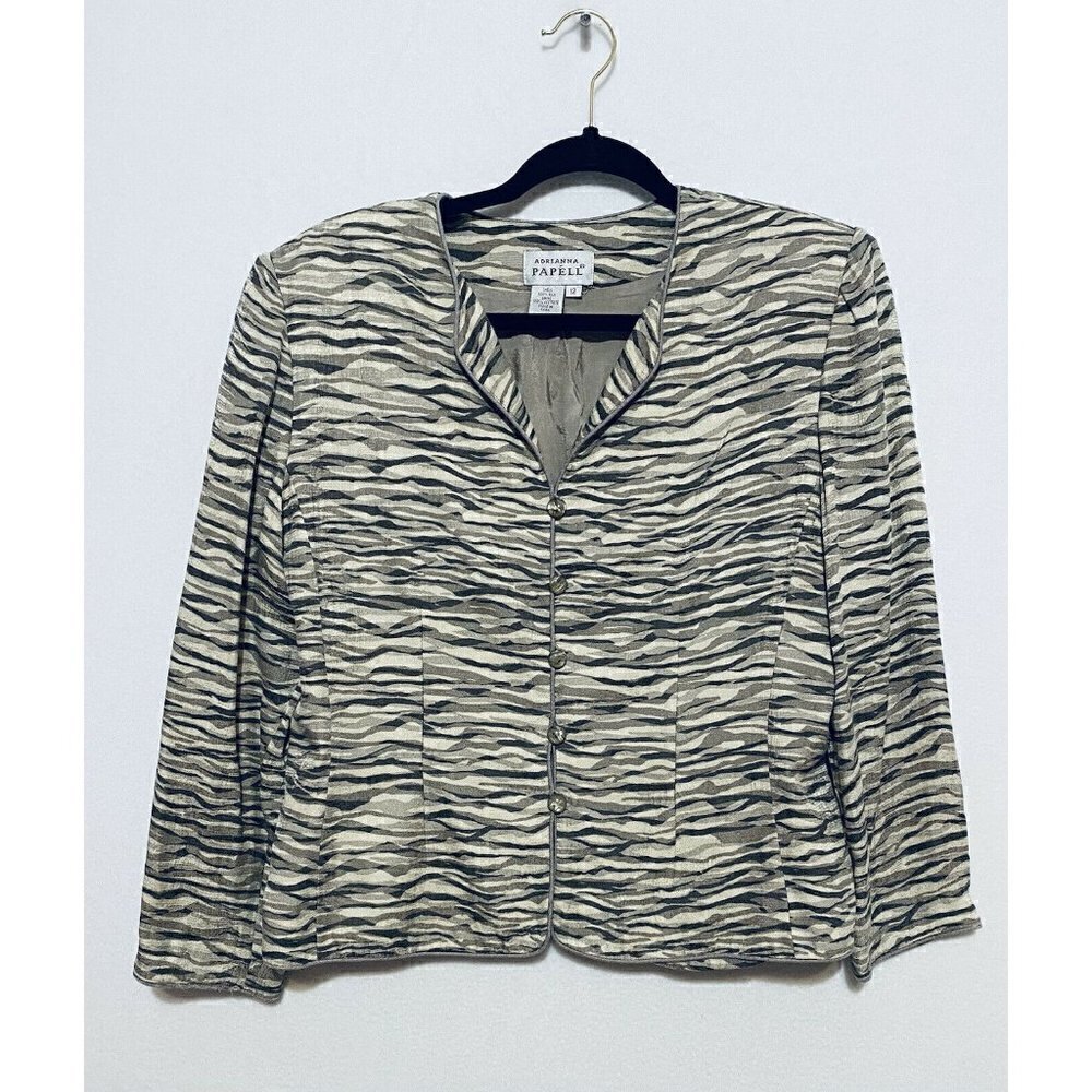 Adrianna Papell Animal Print Top Womens Size 12 100% Silk Button Front Jacket